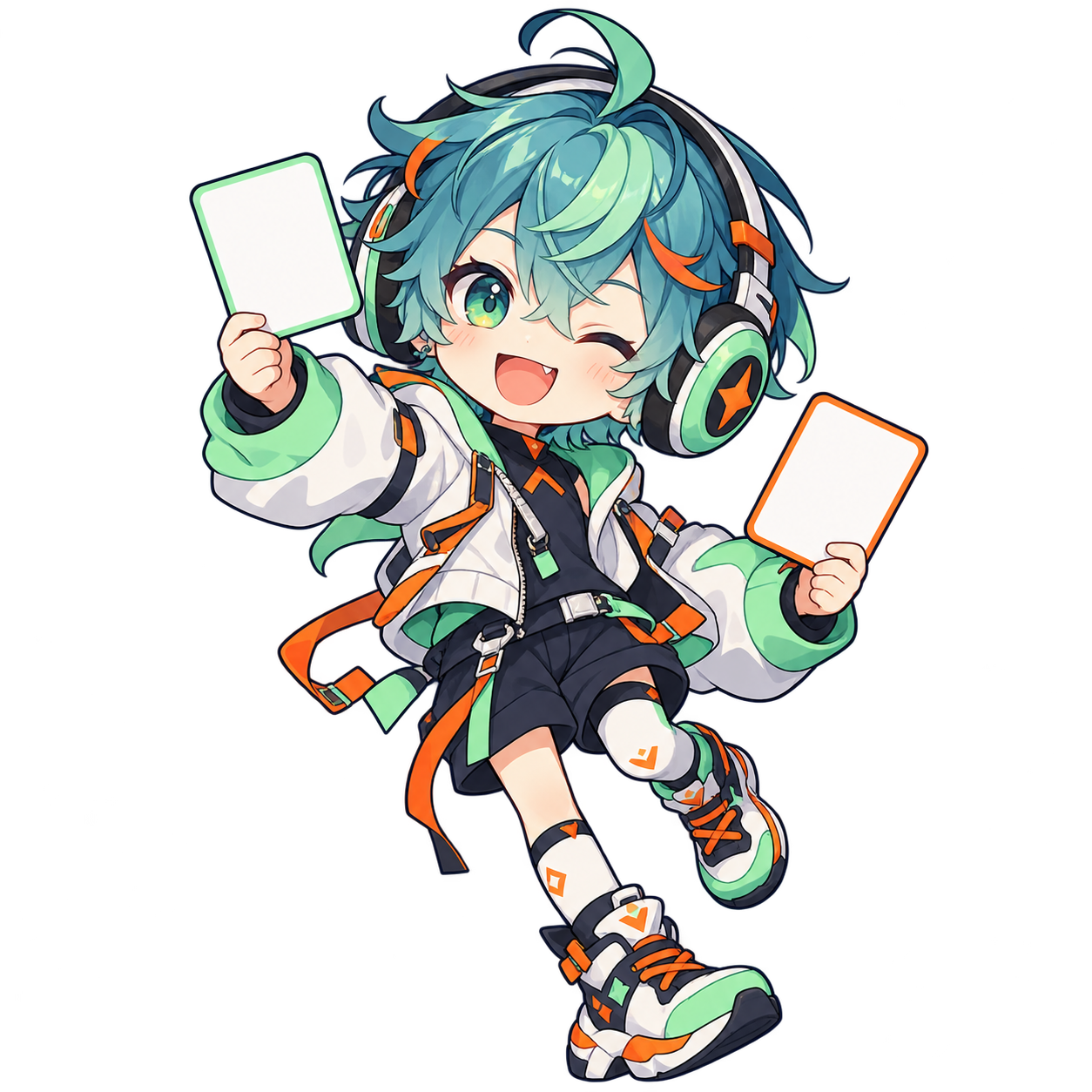 戴耳机、拿着接龙卡片的原创游戏伙伴
